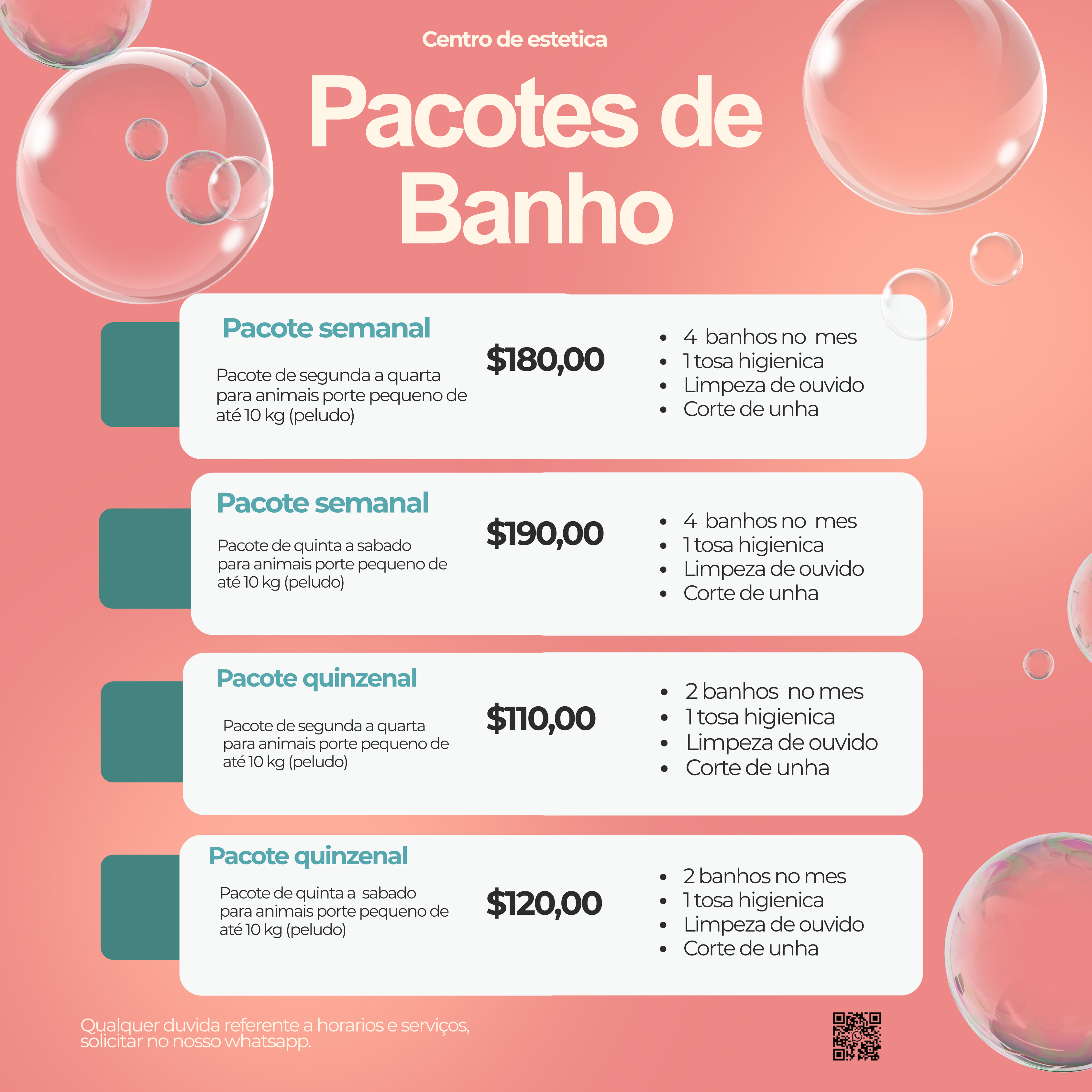 Tabela de preços dos pacotes de banho da aLarcão Vet Pet